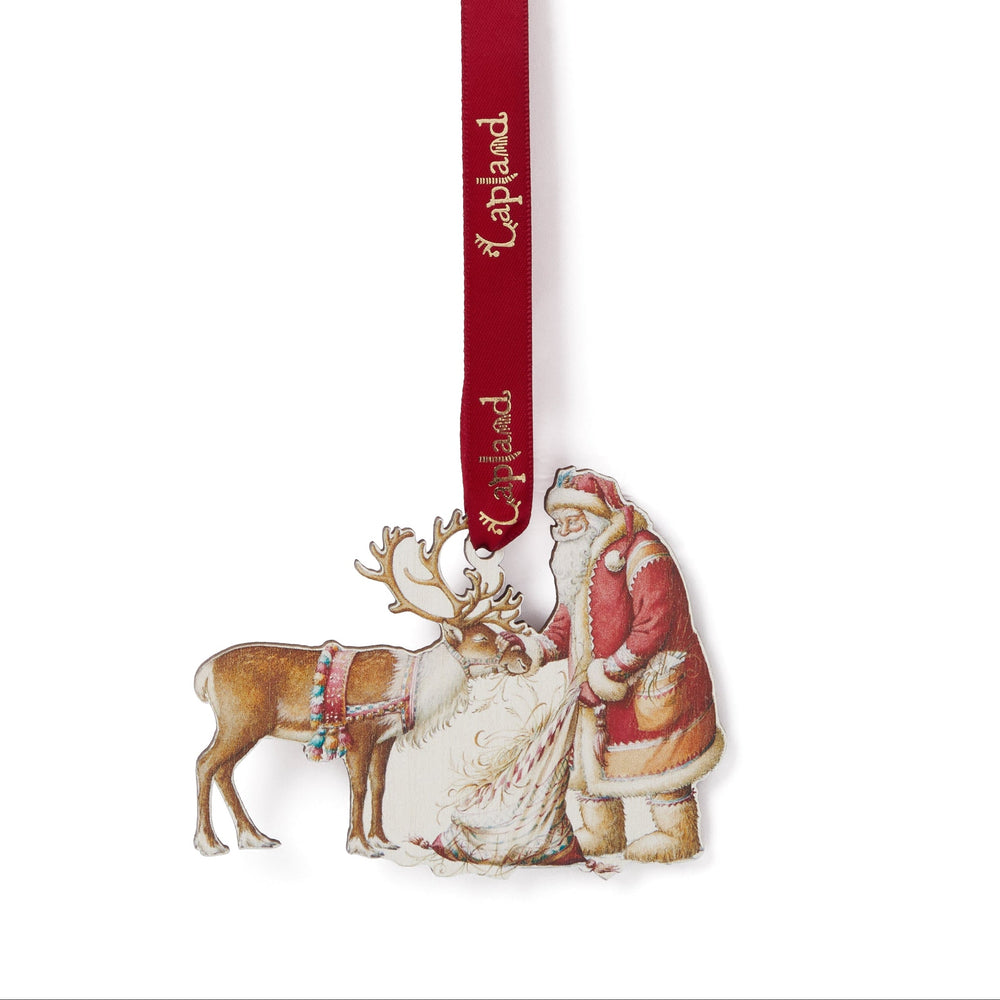 Wooden Tree Decoration Father Christmas Feeding a Reindeer