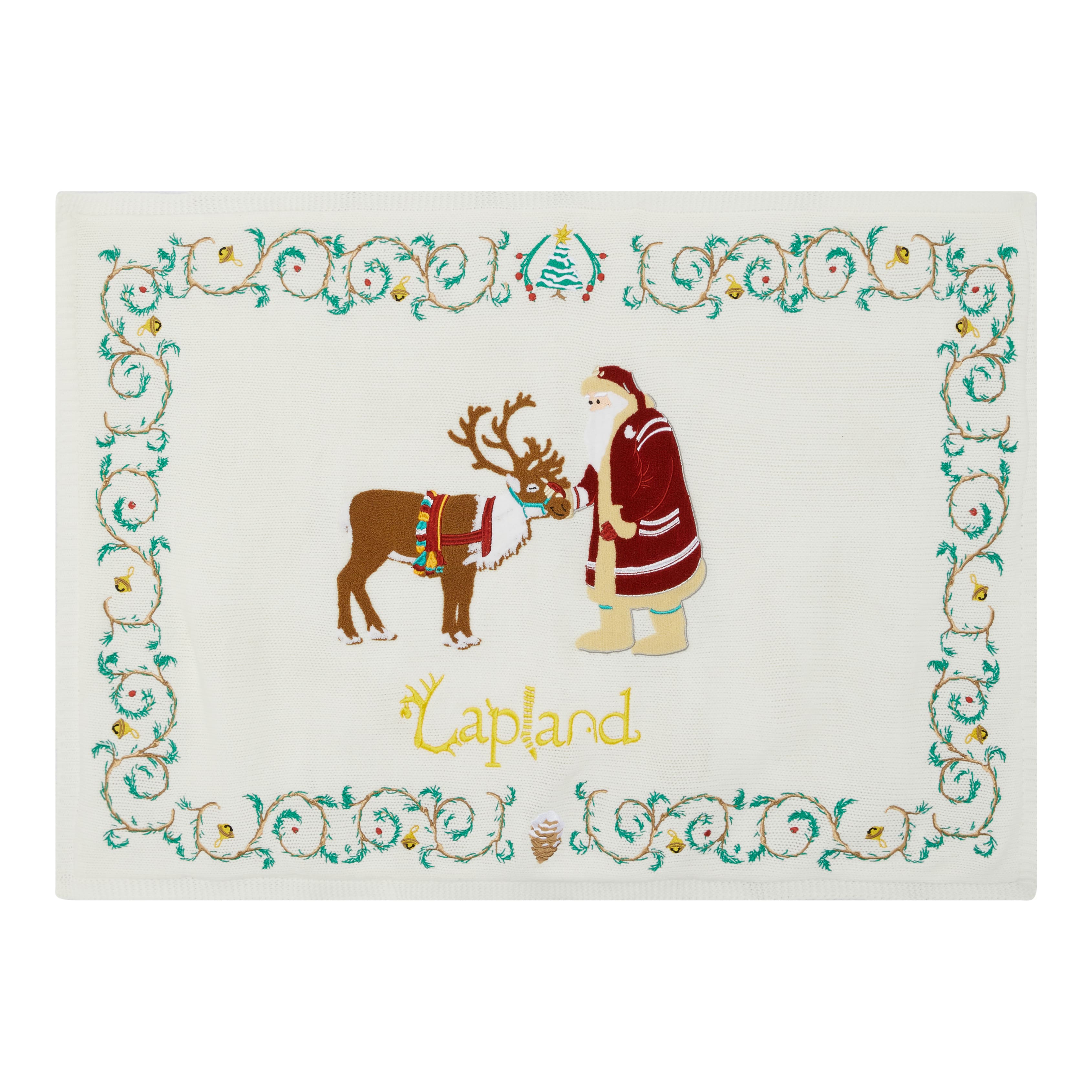 A square white hand embroidered blanket featuring a Christmas scene with Father Christmas and a brown reindeer, surrounded by a decorative teal and gold border. The word 'Lapland' is embroidered in gold near the bottom center.