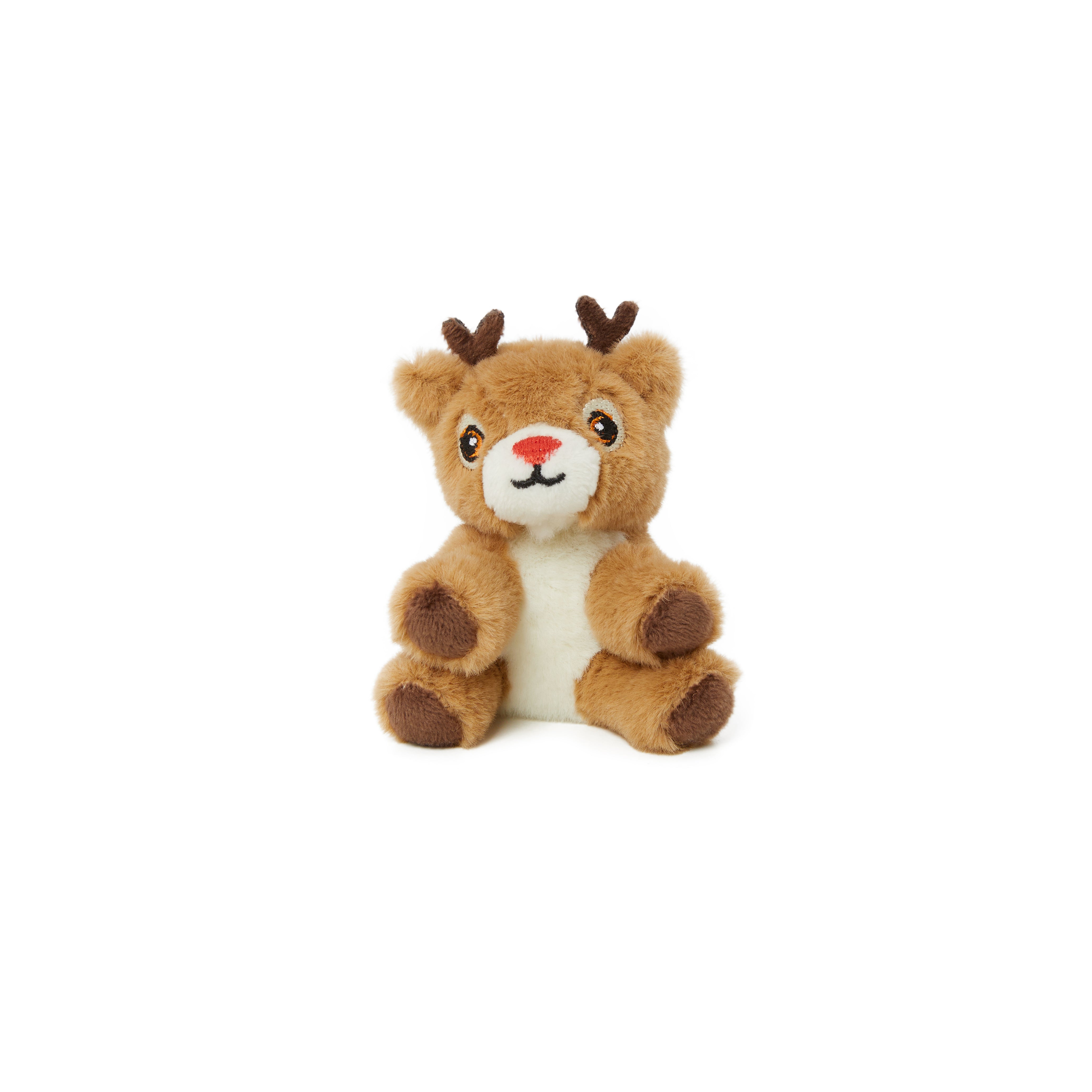 A small plush toy with brown faux fur, a white chest and muzzle, and brown antlers, sitting against a plain white background, which comes with the Small Folk Pyjamas