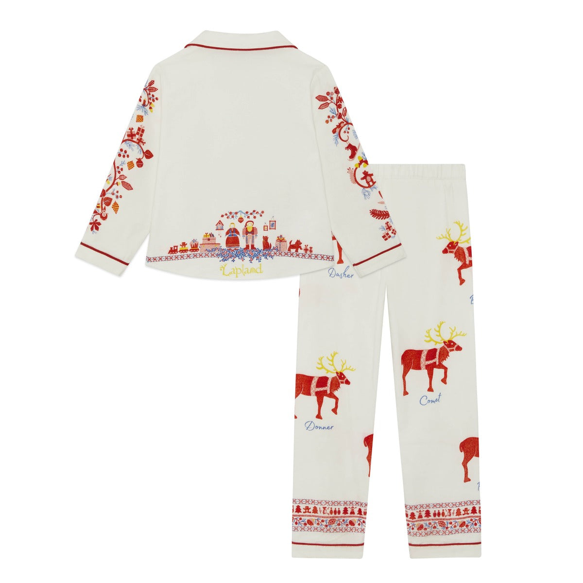 A two-piece Small Folk pajama set featuring a long-sleeve top and matching pants in an off-white fabric. The set is decorated with colorful Christmas-themed prints, including red moose, a festive border, and small blue text labels.
