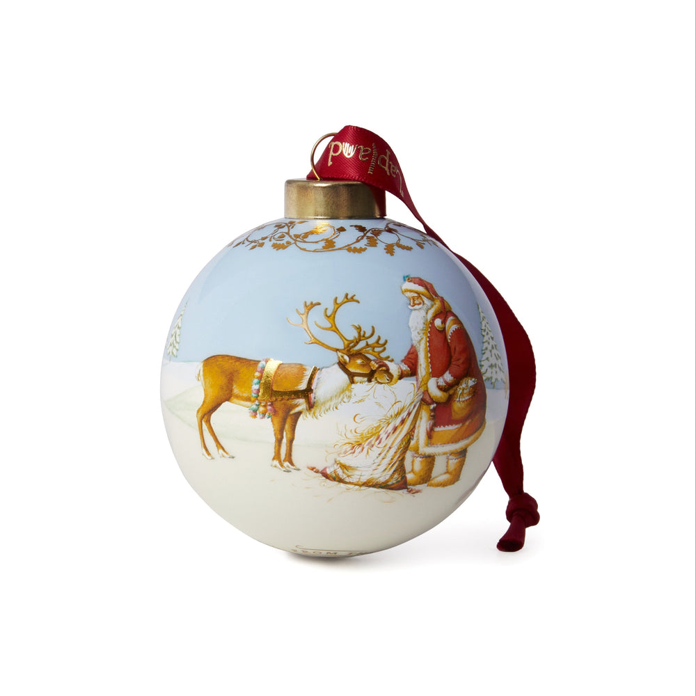 Father Christmas Feeding Reindeer Ceramic Bauble
